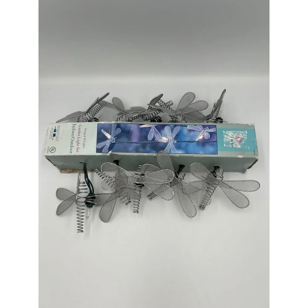 Vintage Dragonfly Garden Light Set 10 String Lights Silver Mesh Metal Indoor Out